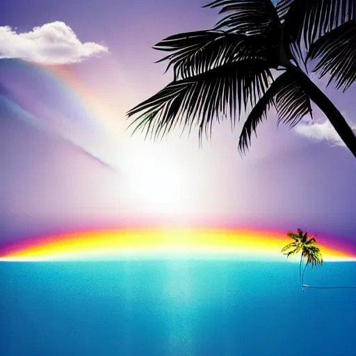 Image similar to miracle musical Hawaii part ii album cover, showing an ocean in the background, spiral transparent stairs on the left with tall palm trees behind it, a slight rainbow in the background, white outline border, moon in the right top area black and white