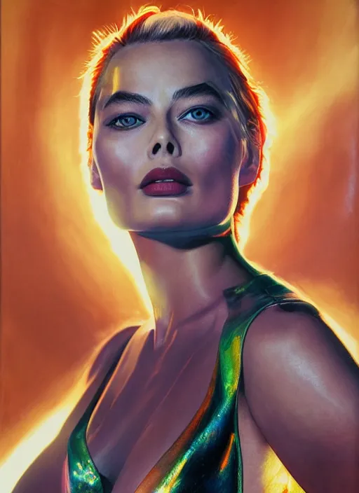 Prompt: Liang Huatao painting of stunning Margot Robbie in a Solarpunk leather robe, abstract sun in background, accurate anatomy, full body portrait, shiny soft skin, soft lighting, sharp details, warm colors, studio portrait, 35 mm film, subsurface scattering, lens flare