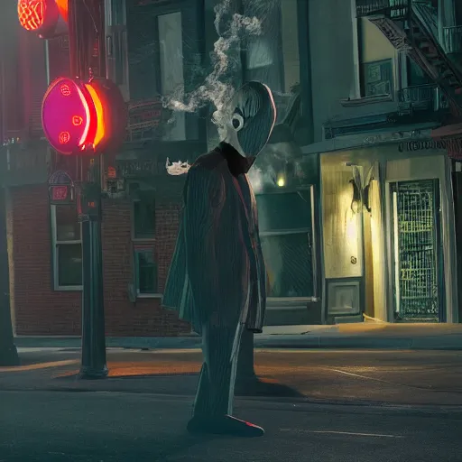 Prompt: digital art of Casper of a Halloween ghost smoking a cigarette on NYC sidewalk, city lights, trending on artstation, 8k, 4k, volumetric lighting, lighthearted, cinematic composition, hd, fun