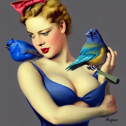 Image similar to hyper realistic painting, tasteful pinup girl holding an indigo bunting, bird, the bird is wearing a bowtie, by greg rutkowski, highly detailed, digital illustration, rossdraws, gil elvgren, enoch bolles, anime, porcelain skin, very coherent