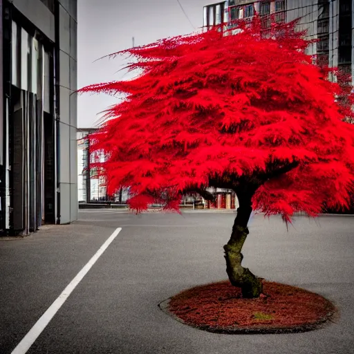 Prompt: a single red japanese maple in a dystopian city