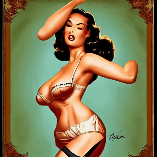 Image similar to a pinup illustration of megan fox in the style of gil elvgren and in the style of anna dittmann.