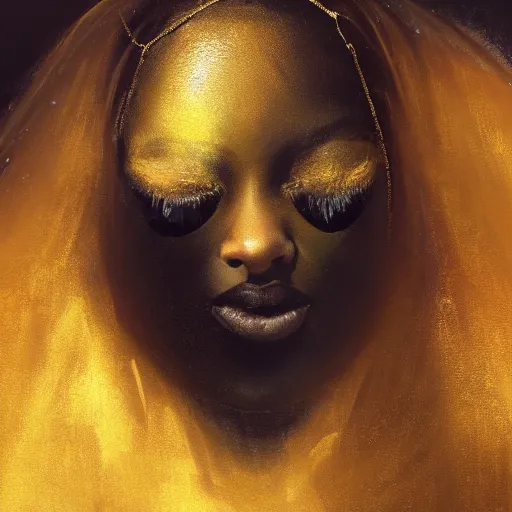 Image similar to a portrait of a young black woman wearing a long dark cloak, hood and shadows covering face, holding golden chains, oil painting, matte painting, black background, Volumetric Golden dappled dynamic lighting, Highly Detailed, Cinematic Lighting, Unreal Engine, 8k, HD, by Beksinski