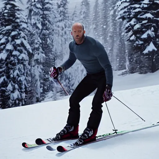 Prompt: jason statham skiing, full body shot, finely detailed