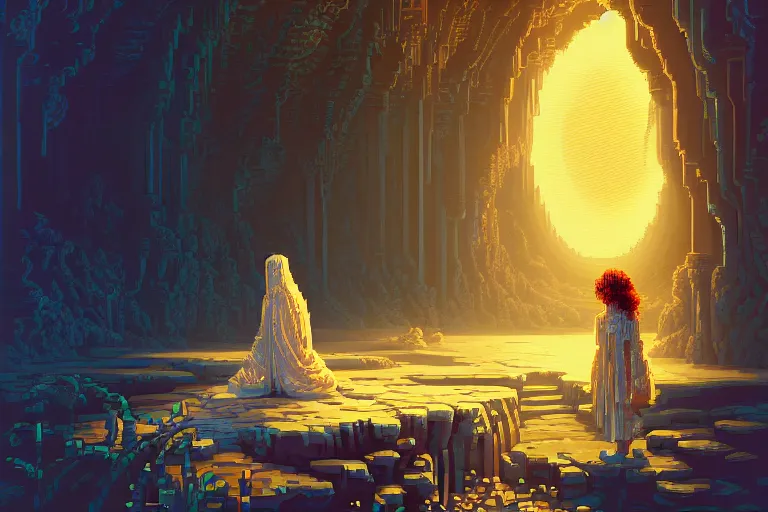 Image similar to the girl of white robes holds the moonstone, beautiful detailed pixelart by albertov, intricate details, beautiful, dithered gradients, volumetric lighting, cgsociety, artstation, smooth, sharp focus, 2 d illustration, amazing art by dan mumford