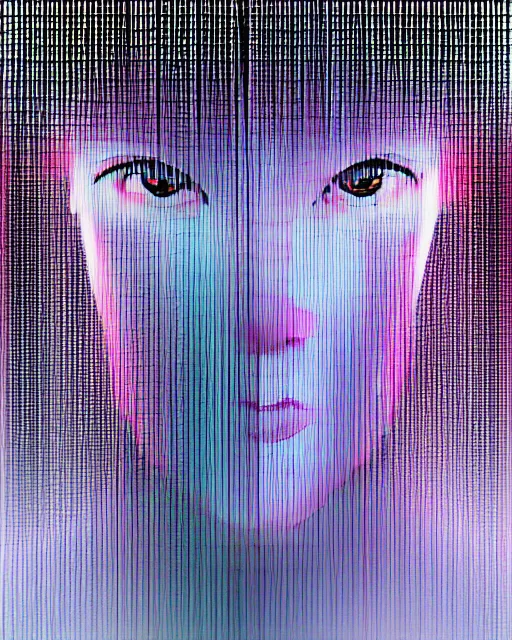 Prompt: cyber - polaroid of a female cyborg's face, ethereal curtain, chrome vortex, vibrant scattered light, reflective glass, chromatic aberration, 1 9 6 0 s, computer - generated
