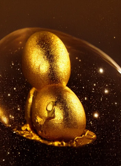 Image similar to a golden alien sitting in a broken egg shell, realistic details, cinematic lighting, 8K HD