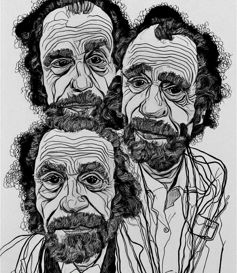 Prompt: detailed line art portrait of charles bukowski, inspired by egon schiele. caricatural, minimalist, bold contour lines, musicality, soft twirls curls and curves, confident personality, raw emotion