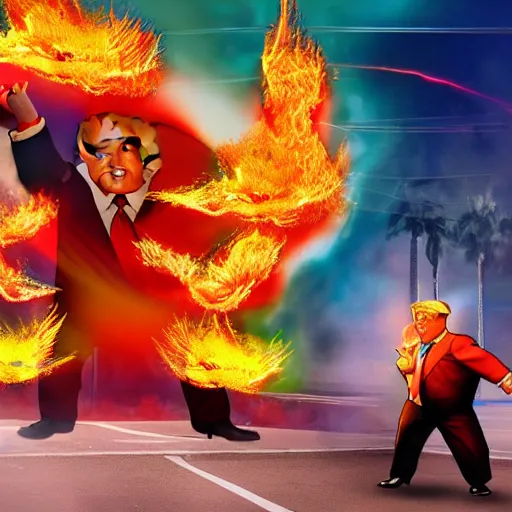 Image similar to obese donald trump casting fireballs, colorful hd picure, lightning in the background