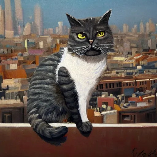 Image similar to an oil painting of a cat on top of a building looking over a city trending on art station