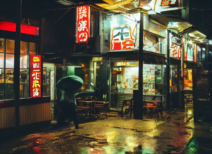 Image similar to exterior of an open cyberpunk ramen place during a rainy night