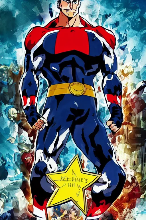 Image similar to Henry Cavill cast All Might from My Hero Academia, sigma male, rule of thirds, movie poster with no text, award winning photo