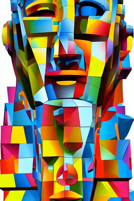 Image similar to cubist moai statue cutout digital illustration cartoon colorful beeple