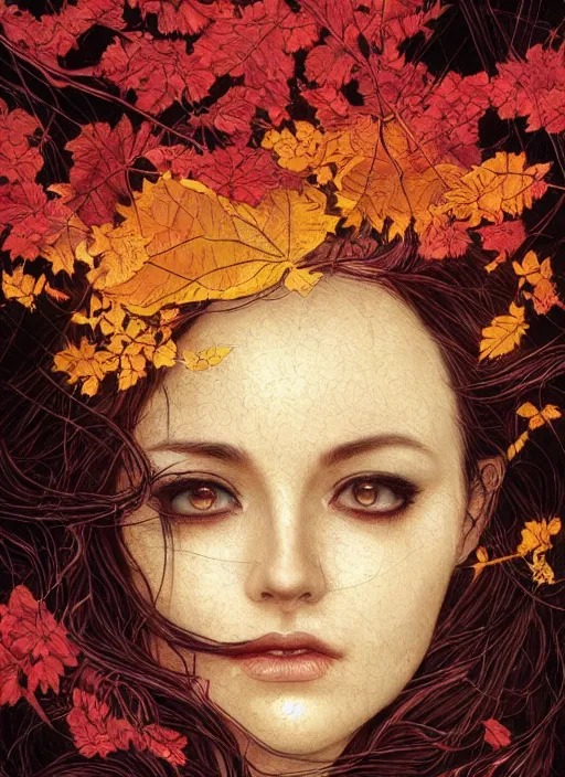 Image similar to gold red black color, golden leaves at frame border, creative!!! composition for a book cover!!!, absurdly beautiful, ultrafine hyperrealistic detailed old witch face by wlop and artgerm and greg rutkowski, intricate linework, sharp focus, smooth, octopath traveler, final fantasy, unreal engine, dramatic lighting, ethereal, 8 k