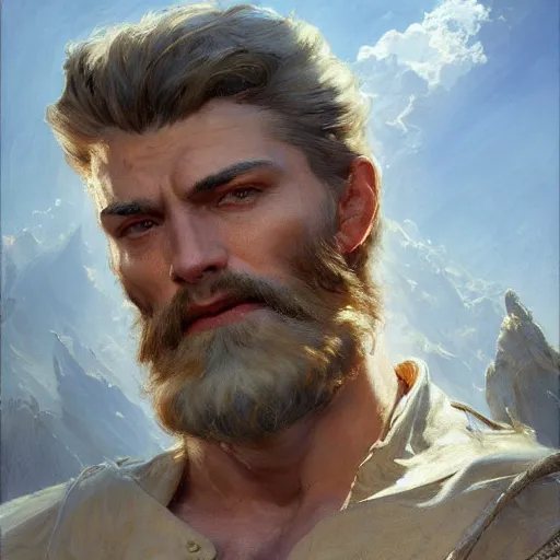 Prompt: detailed cinematic wide shot of sea captain muscular attractive masculine man beard slim face symettrical face clean skin blue eyes white hair, ultra realistic, spring light, painting by gaston bussiere, craig mullins, j. c. leyendecker