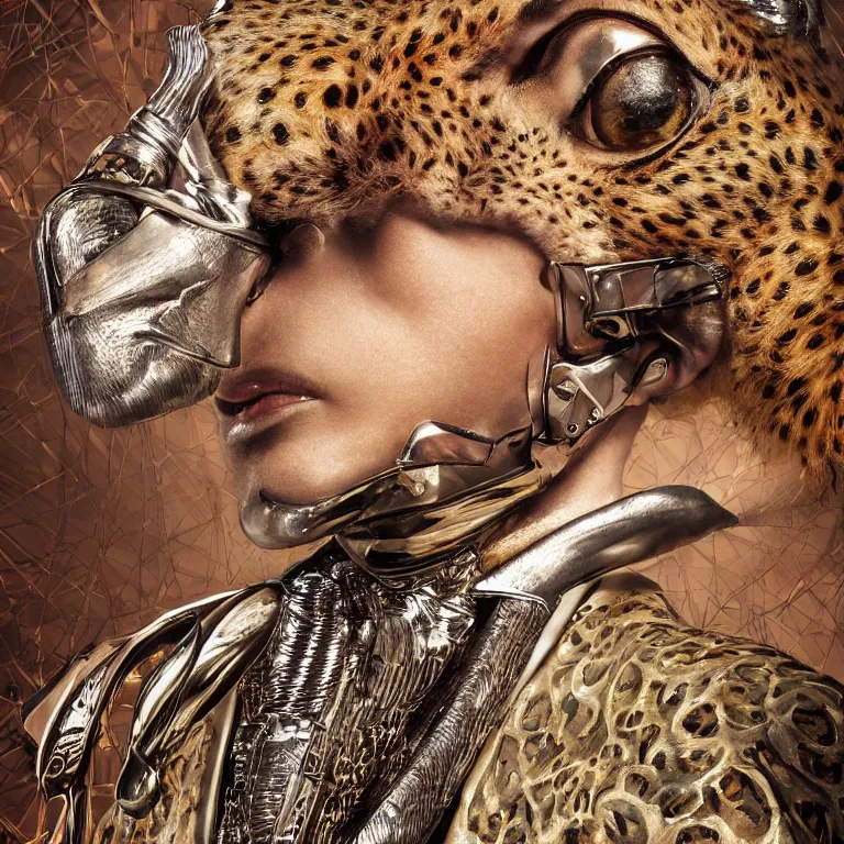 Prompt: extreme close - up octane render portrait by wayne barlow and carlo crivelli and glenn fabry, a futuristic egyptian god with the head of a cheetah and wearing a futuristic stylish silver gucci three piece suit with a colorful floral shirt, sitting in a charming vintage upscale bohemian elegant boutique hotel with beautiful wallpaper, very short depth of field, bokeh