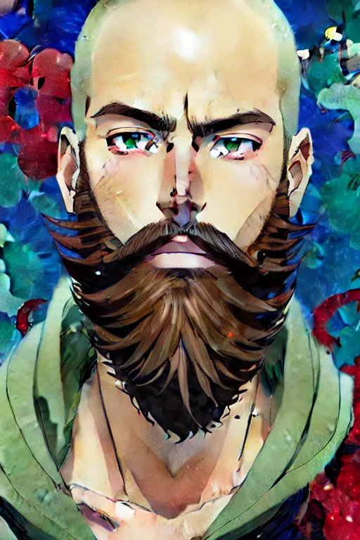 Prompt: beautiful anime of bold head with stubble!!! beard and green eyes, by sherree valentine daines, peter mohrbacher, alice neel, donato giancola, mike winkelmann, laurie greasley. trending on artstation, 8 k, masterpiece, graffiti, fine detail, full of color, intricate detail, golden ratio illustration, face detail