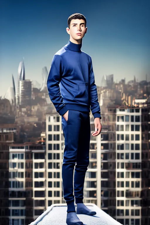 Image similar to un ultra high definition studio quality photographic art portrait of a young man standing on the rooftop of a british apartment building wearing soft padded silver pearlescent clothing. three point light. extremely detailed. golden ratio, ray tracing, volumetric light, shallow depth of field. set dressed.