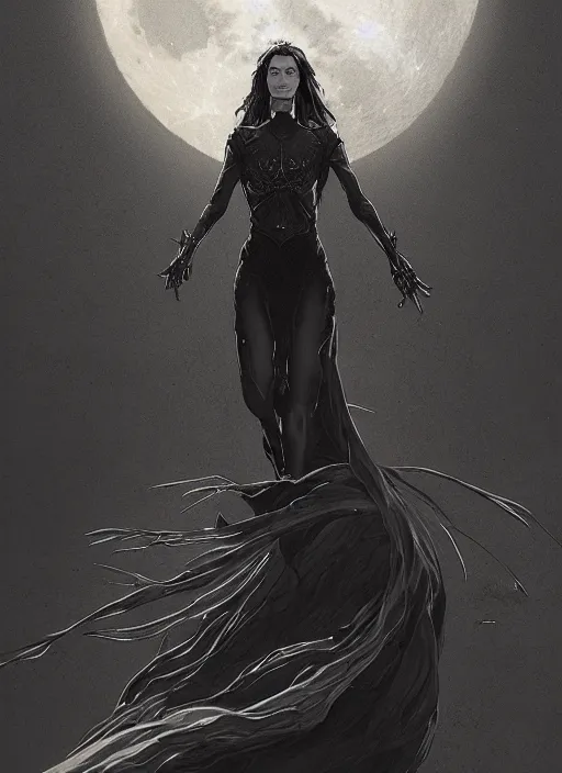 Image similar to at the top of the composition is a symmetrical centered portrait of Anna Millerstone as a Dark evil witch, big moon in the background, at the bottom of the composition is grey space, dramatic lighting, book cover illustration by Greg rutkowski, yoji shinkawa, 4k, digital art, concept art, trending on artstation, golden silver elements, empty grey space at the top, flower elements