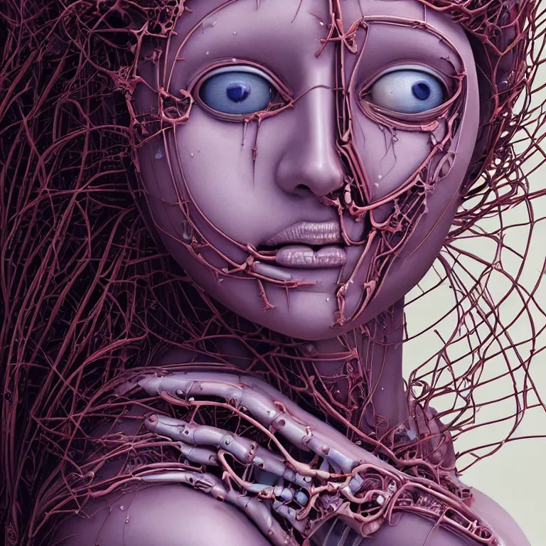 Prompt: portrait of beautiful!! horizontally symmetrical!! ceramic woman's head with coral!! reef hair. torso, skeleton!, biomechanical android. soft light painted by james jean and moebius!!!, inspired by mary jane ansell, smooth face feature, horizontal symmetry, intricate oil painting, high detail 3 d render, high detail