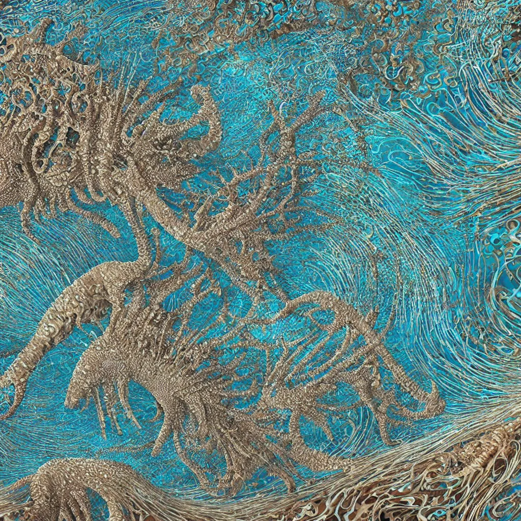 Prompt: complex sea horse by ernst haeckel, closeup, fractal engravings,, realistic cinema 4 d render, beach sand background, clear focus, very coherent, very detailed