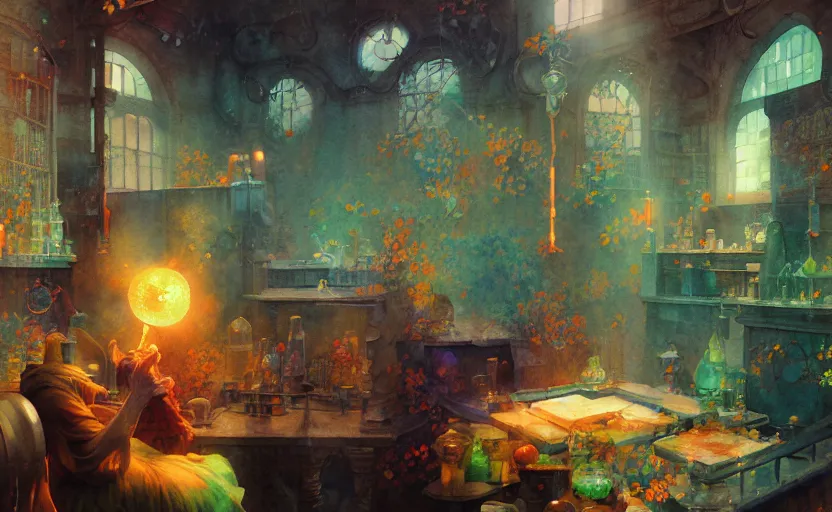 Image similar to alchemy laboratory, fantasy. intricate, amazing composition, colorful watercolor, by ruan jia, by maxfield parrish, by marc simonetti, by hikari shimoda, by robert hubert, by zhang kechun, illustration, gloomy