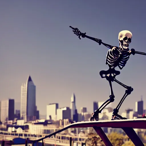 Image similar to skeleton doing cool skateboard tricks with a city skyline in the background H:1080 W:1920