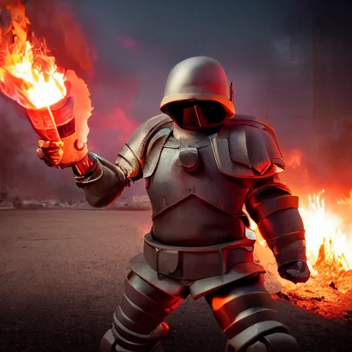 Image similar to angry man in juggernaut armor burning a desktop tower pc with a military flamethrower