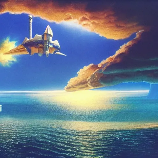 Image similar to beautiful matte painting of golden shores of a blue dreamy ocean, heavenly island in the clouds floating above the ocean, spaceship flying by, sci - fi, daylight, blue sky, cinematic lighting, cinematic perspective, syd mead, john harris, federico pelat