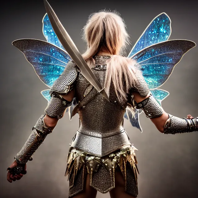 Image similar to full body photo of a fairy warrior wearing sparkly armour, highly detailed, 4 k, hdr, smooth, sharp focus, high resolution, award - winning photo