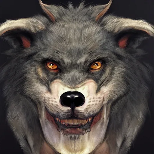 Prompt: 3/4 headshot of cute werewolf, D&D, handsome, fantasy, intricate, long snout, donkey ears, fursona, black hair, elegant, highly detailed, digital painting, artstation, concept art, smooth, sharp focus, illustration, art by artgerm and greg rutkowski and alphonse mucha