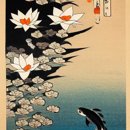 Image similar to a painting of flowers and a bird flying over a koi pond, a silk screen by ohara koson, pixiv contest winner, ukiyo - e, ukiyo - e, creative commons attribution, woodcut