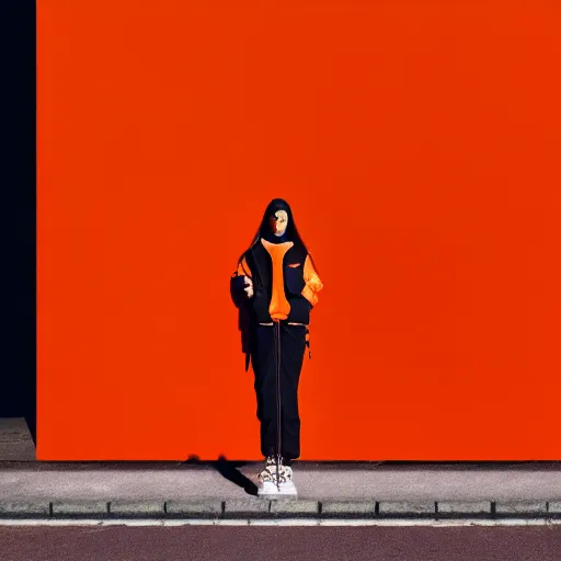 Image similar to un ultra high definition modern streetwear art photographic portrait of a fictional female fine artist named oxoxoxox oxoxox standing outside her london home wearing all orange. three point light. golden hour, golden ratio, ray tracing, volumetric light and shadow, shallow depth of field.