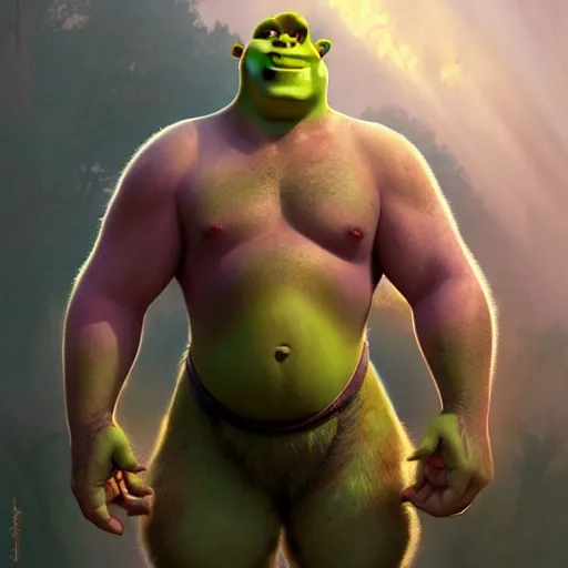 Prompt: Shrek from dreamswork, muscular upper body, D&D, fantasy, intricate, elegant, highly detailed, digital painting, artstation, concept art, smooth, sharp focus, illustration, art by artgerm and greg rutkowski and alphonse mucha