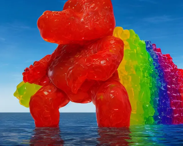 Image similar to a giant sculpture made out of of gummy bears in a human head shape, on the surface of the ocean, in the style of chad knight, long shot, hyper detailed, hyper realistic, ray tracing, 8 k resolution, sharp focus, realistic water, award winning sculpture