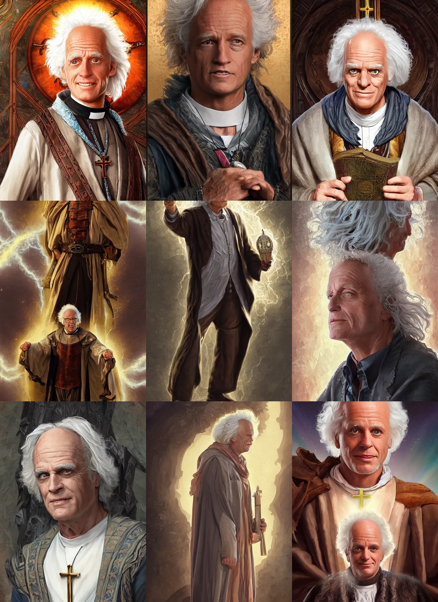 Prompt: emmett brown portrait as medieval theologian, church background, highly detailed, digital painting, artstation, concept art, sharp focus, illustration, magali villeneuve, rutkowski, aleksi briclot, mucha