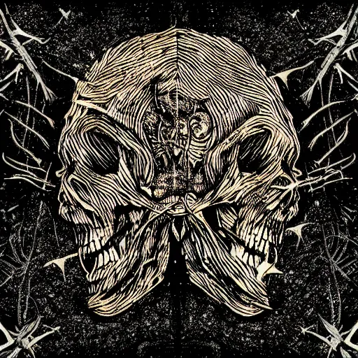 Prompt: dark death metal themed vector illustration for a record label, trees. forest, spikes, skull, microphone, skull, award winning, grunge, iconic, golden ratio