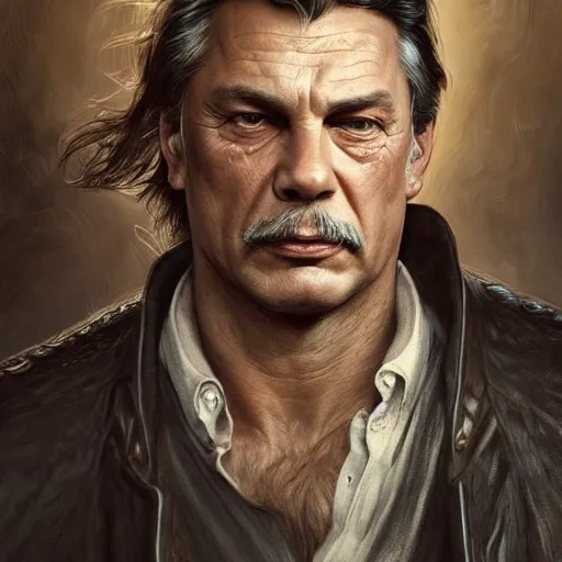 Image similar to portrait of a ruggedly handsome viktor orban, soft hair, muscular, half body, leather, hairy, d & d, fantasy, intricate, elegant, highly detailed, digital painting, artstation, concept art, smooth, sharp focus, illustration, art by artgerm and greg rutkowski and alphonse mucha