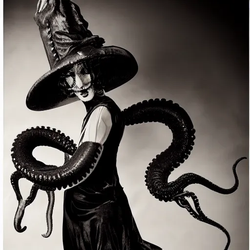 Prompt: an eldritch tentacled creature, 1920s theater costume, fashion portrait, close-up, wide angle, studio photography by Richard Avedon, moody lighting