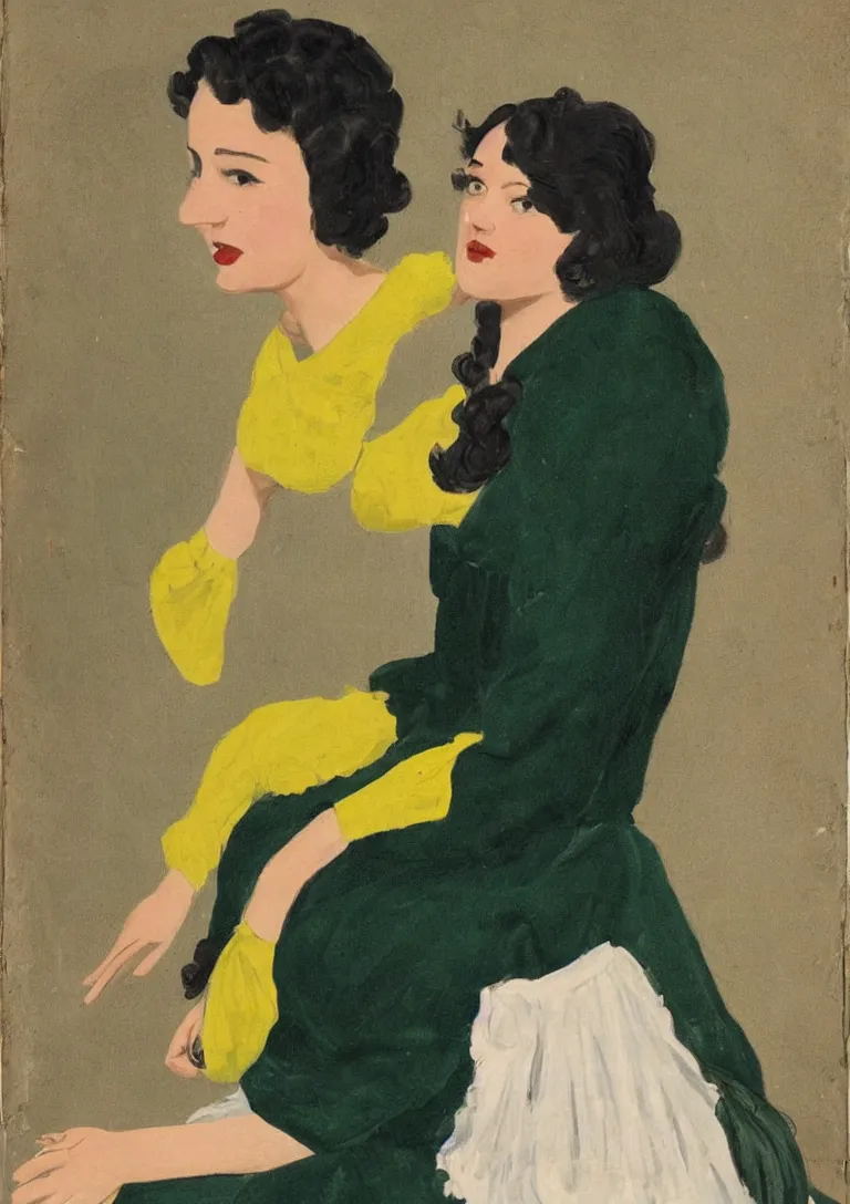 Image similar to a portrait of a young woman from the fifties, seated in front of a landscape background, her black hair is a long curly, she wears a dark green dress pleated in the front with yellow sleeves, puts her right hand on her left hand, mannerism