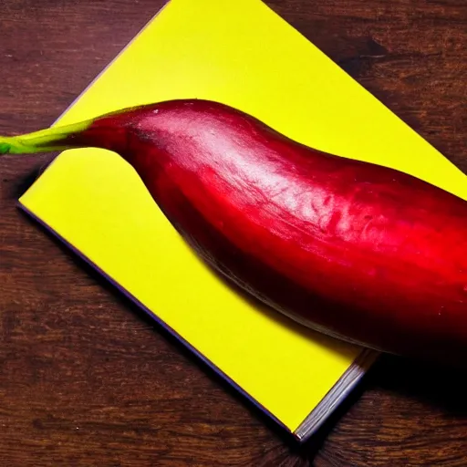 Prompt: photographic image of a red banana, on top of a yellow book, on top of a dining table, detailed, HD, cinematic