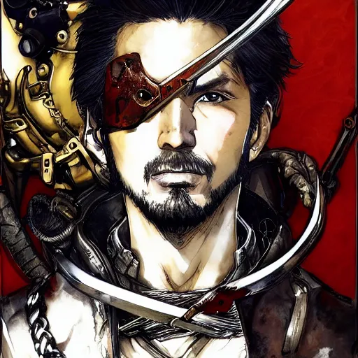 Prompt: portrait of a hero holding his sword in front of his face by yoji shinkawa, high quality, extra details, realism, ornate, colored, golden chain, blood, white skin, short hair, brown eyes, vivid, sunlight, dynamic, american man, freedom, handsome, dynamic lighting, dimensions, dimensional