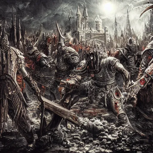 Image similar to a religious scene, chaos, night, rot, blood, epic art, dark souls, highly detailed, intricate background