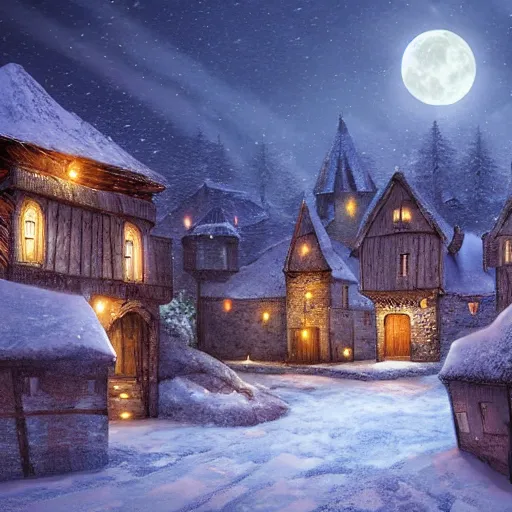 Image similar to a medieval village at night with the moon in the sky realistic, Artstation, snowy