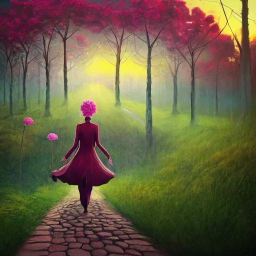 Image similar to giant carnation flower head, girl in a suit, on a path, surreal photography, sunrise, dramatic light, impressionist painting, digital painting, artstation, simon stalenhag