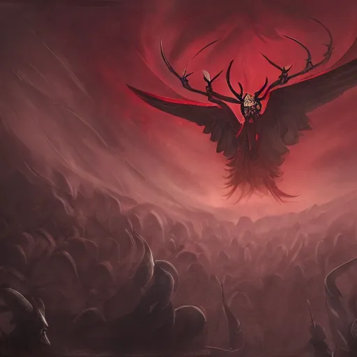 Image similar to the fall of lucifer in hell, oppressive and dark amotsphere with many shadows and dark red highlights, concept art by aleksandra waliszewska