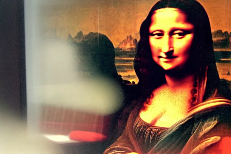 Prompt: cameraphone photo of a woman who looks like the mona lisa sitting on a bus