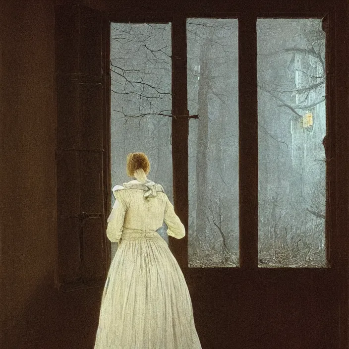 Image similar to painting of a broken window with a beautiful white woman on the outside by caspar david friedrich, at night