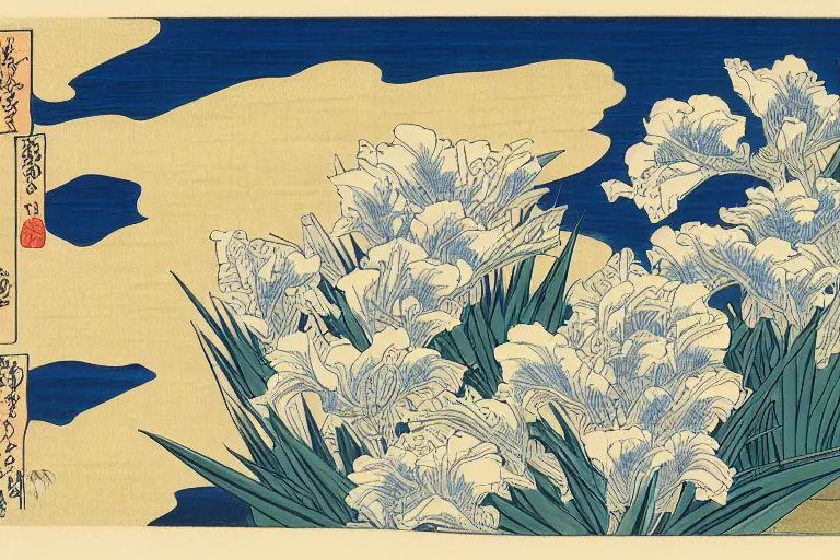 Prompt: a masterful ukiyo - e print of irises by katsushika hokusai, utagawa kuniyoshi and utagawa hiroshige, hyperdetailed, intricate, colorful, illustration, complex, closeup, 4 k