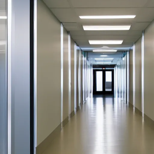 Image similar to curved still of an endless office hallway into an elevator, liminal feeling, uncanny